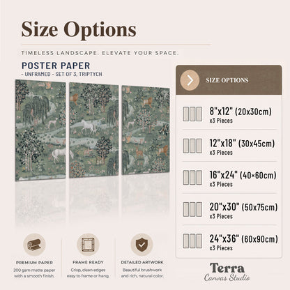Decorative white horses and woodland animals among sage trees set of 3 poster prints available dimensions; triptych dimensions are per panel
