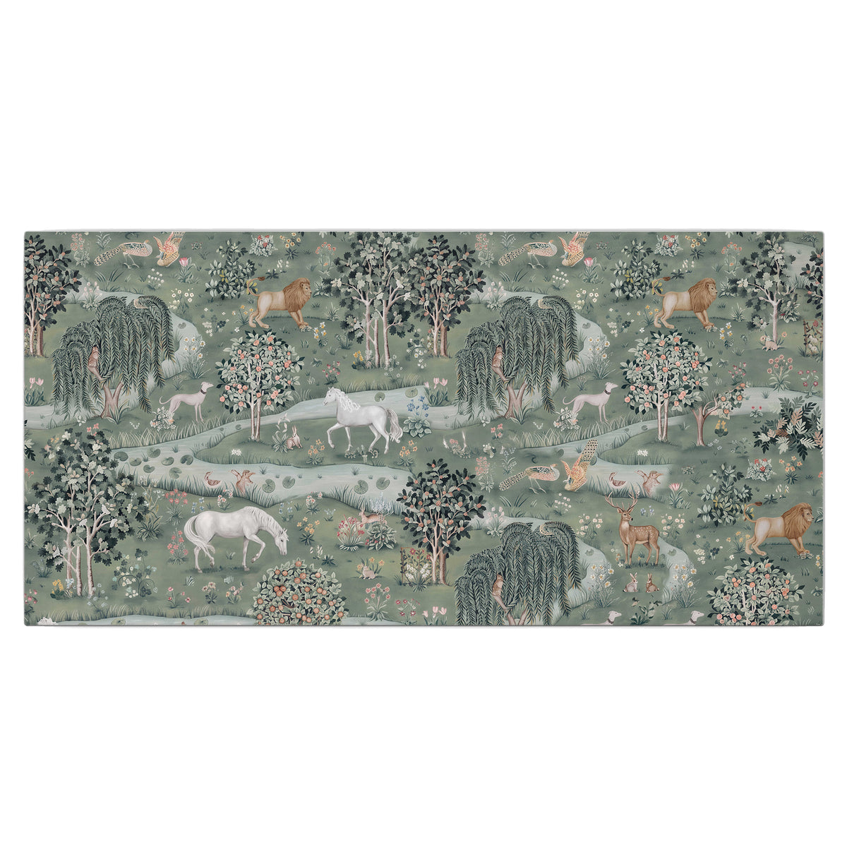 Decorative white horses and woodland animals among sage trees single canvas wall art viewed straight on