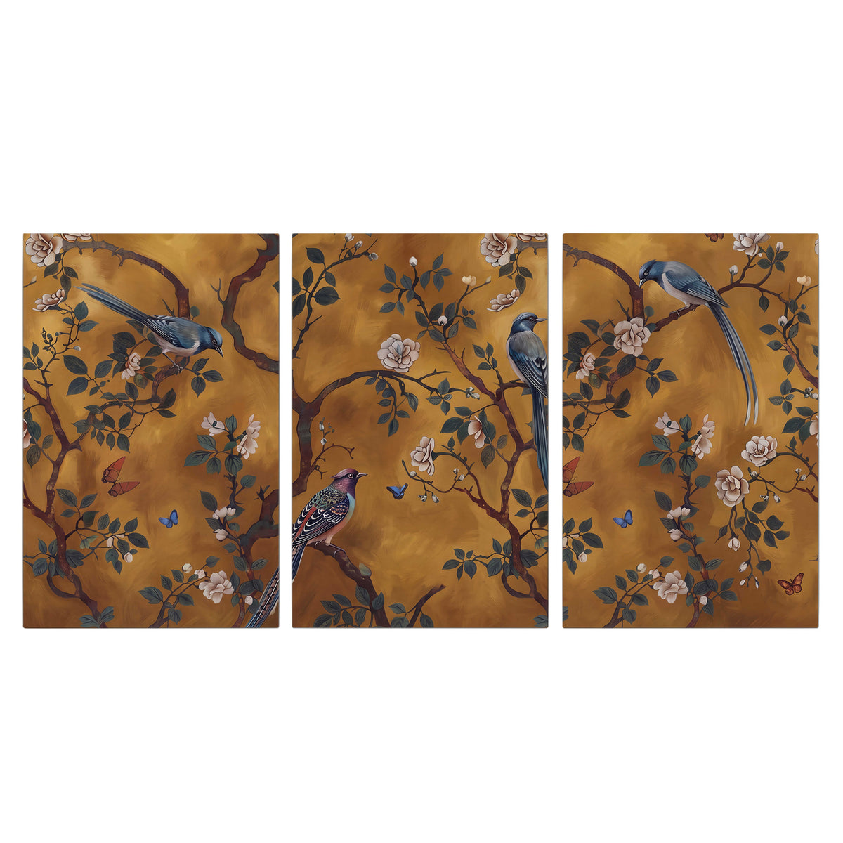 Colorful perched birds and pale blossoms on an ochre background 3 piece canvas wall art viewed straight on