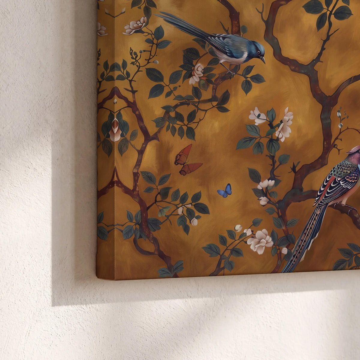 Colorful perched birds and pale blossoms on an ochre background 3 piece canvas wall art material and edge close up