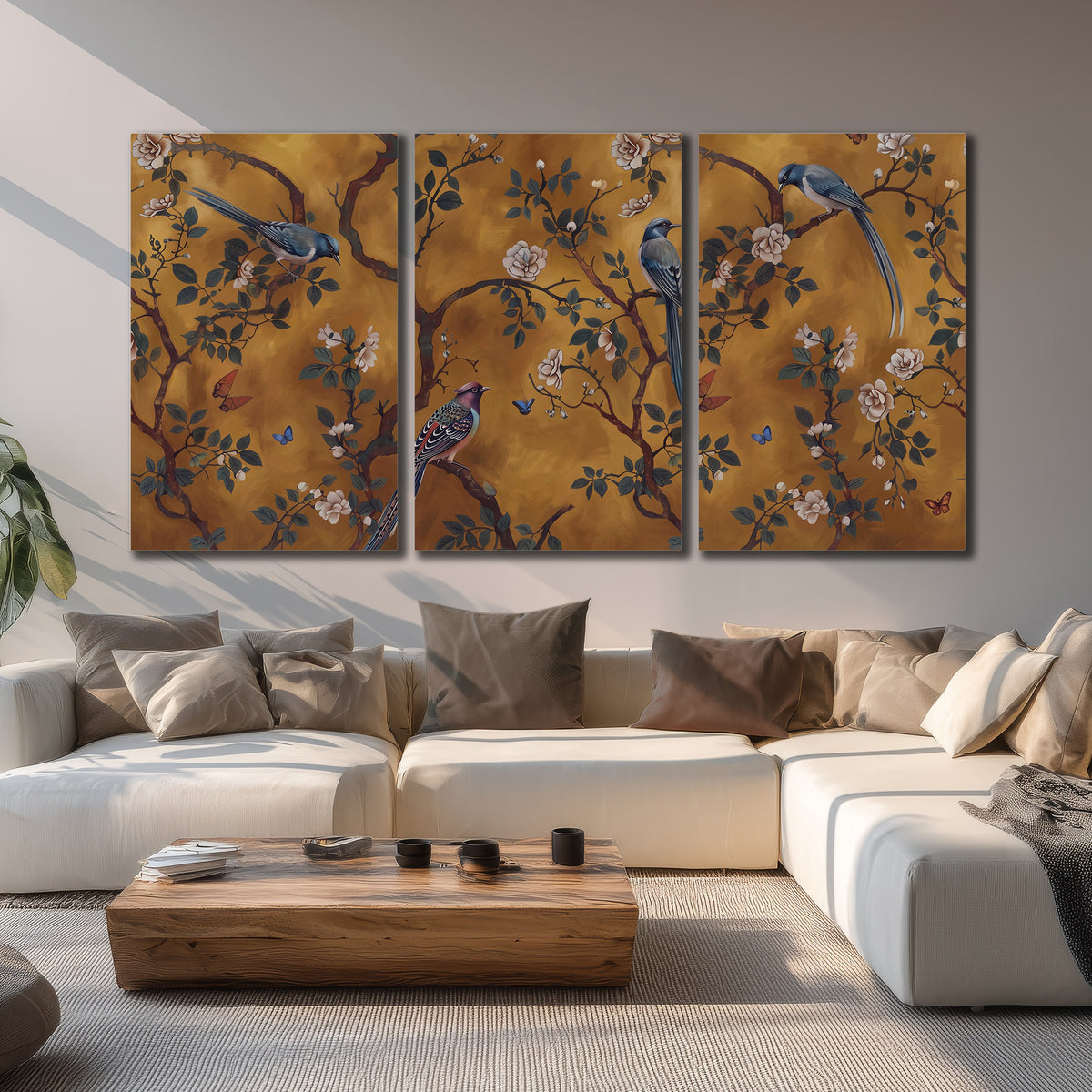 Colorful perched birds and pale blossoms on an ochre background 3 piece canvas wall art displayed in a living room