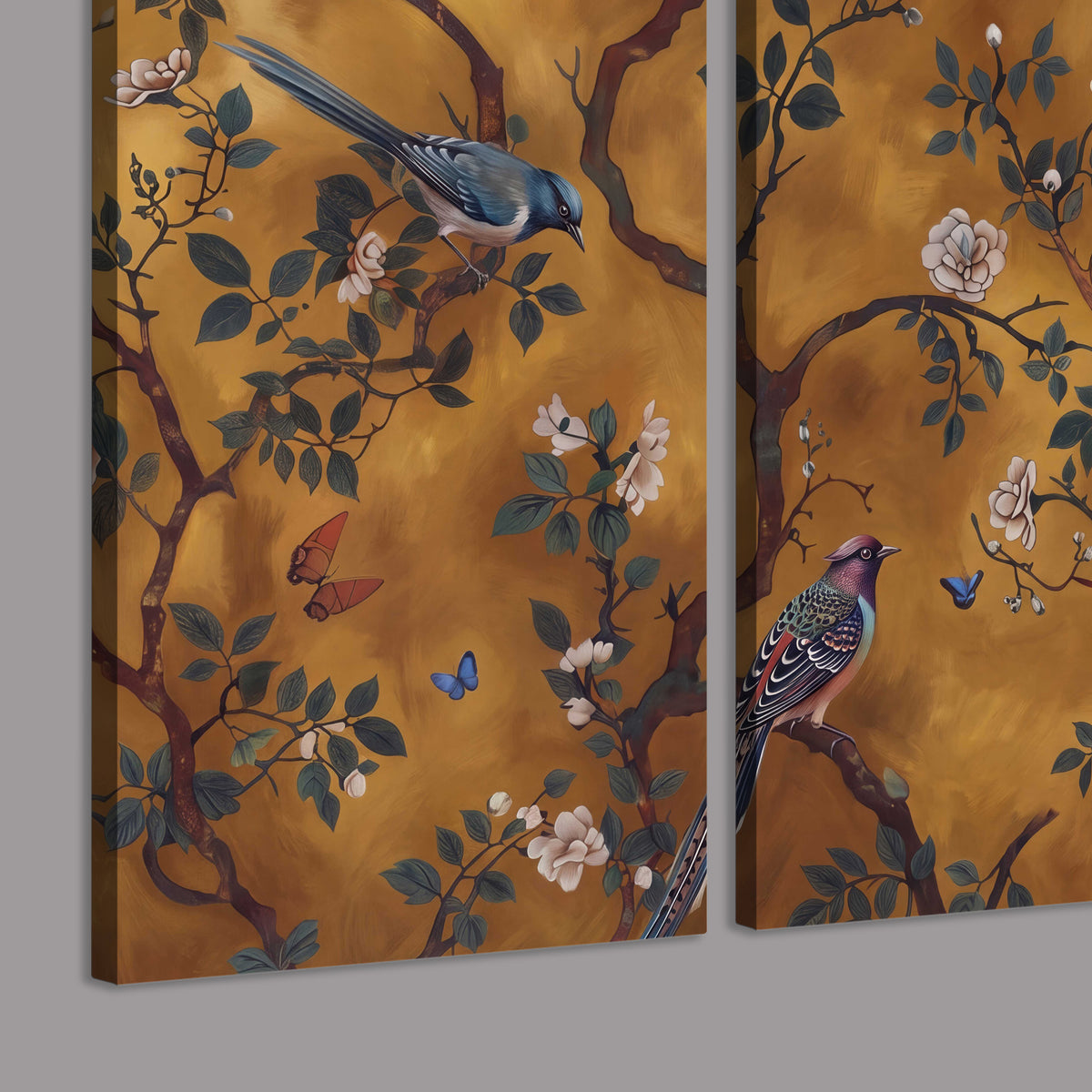 Colorful perched birds and pale blossoms on an ochre background 3 piece canvas wall art room and product view