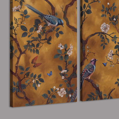 Colorful perched birds and pale blossoms on an ochre background 3 piece canvas wall art room and product view
