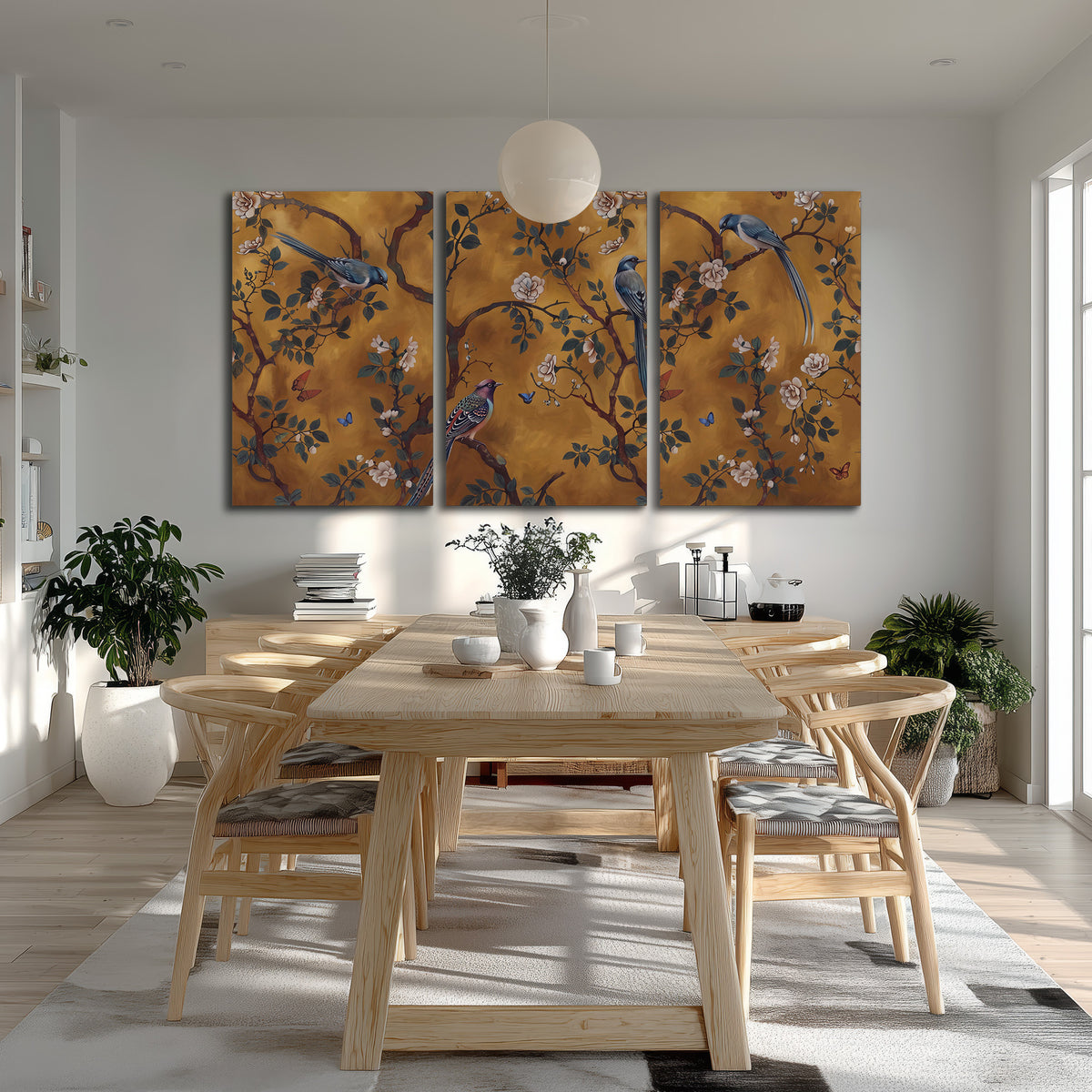 Colorful perched birds and pale blossoms on an ochre background 3 piece canvas wall art room and product view