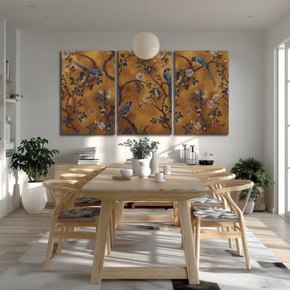 Colorful perched birds and pale blossoms on an ochre background 3 piece canvas wall art room and product view