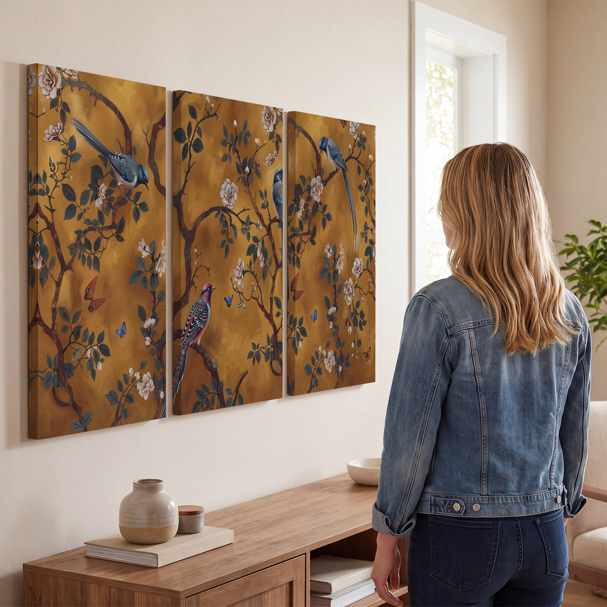 Colorful perched birds and pale blossoms on an ochre background 3 piece canvas wall art three panel arrangement on a wall
