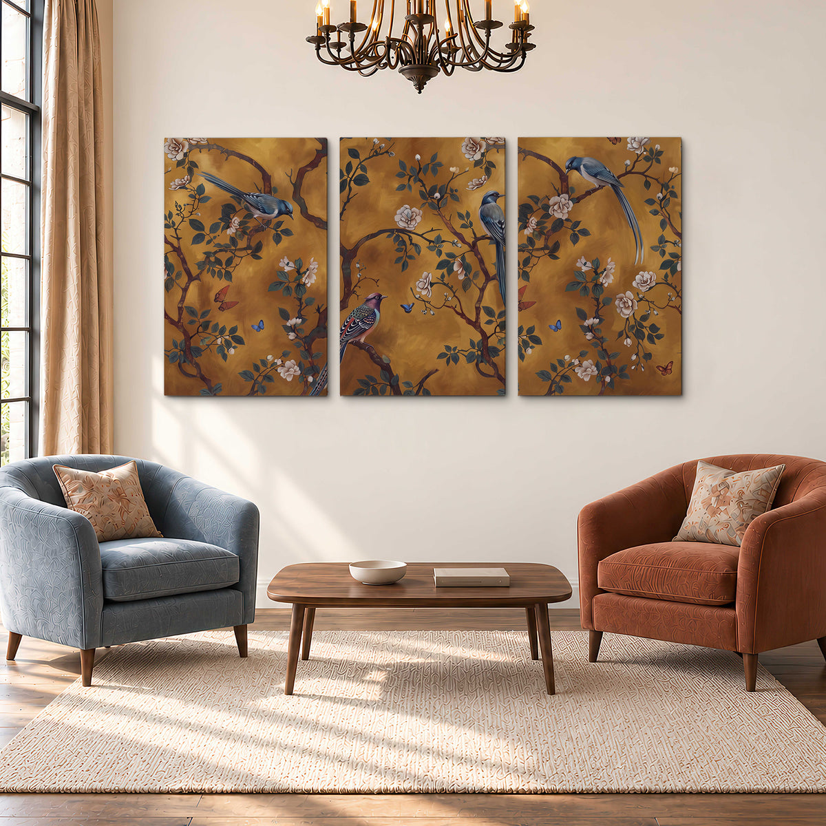 Colorful perched birds and pale blossoms on an ochre background 3 piece canvas wall art styled in an interior