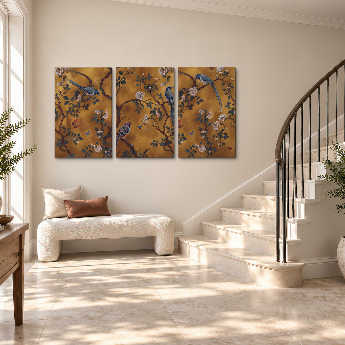 Colorful perched birds and pale blossoms on an ochre background 3 piece canvas wall art styled in an interior