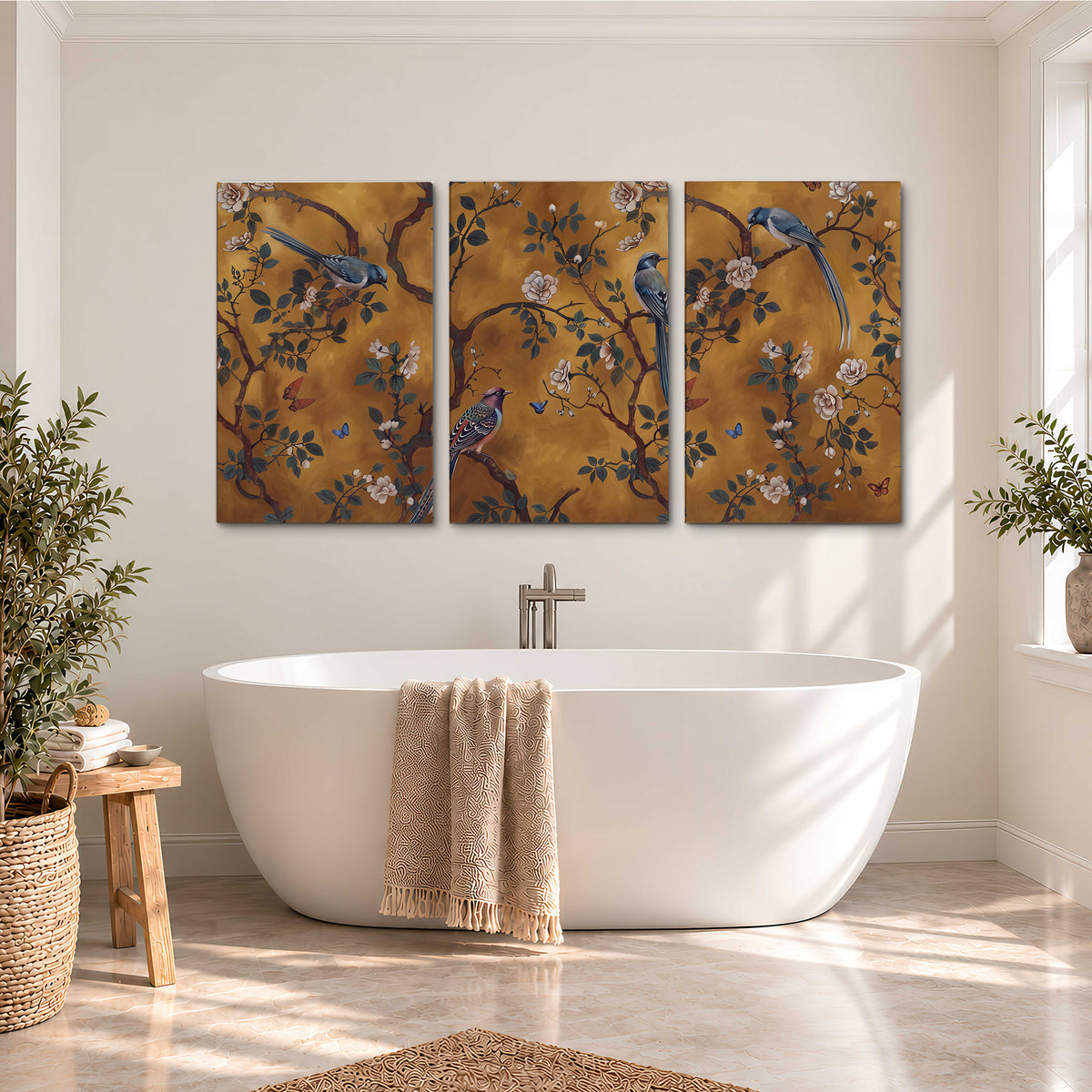 Colorful perched birds and pale blossoms on an ochre background 3 piece canvas wall art styled in an interior