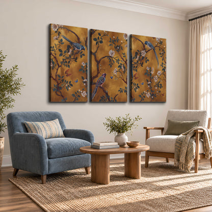 Colorful perched birds and pale blossoms on an ochre background 3 piece canvas wall art styled in an interior
