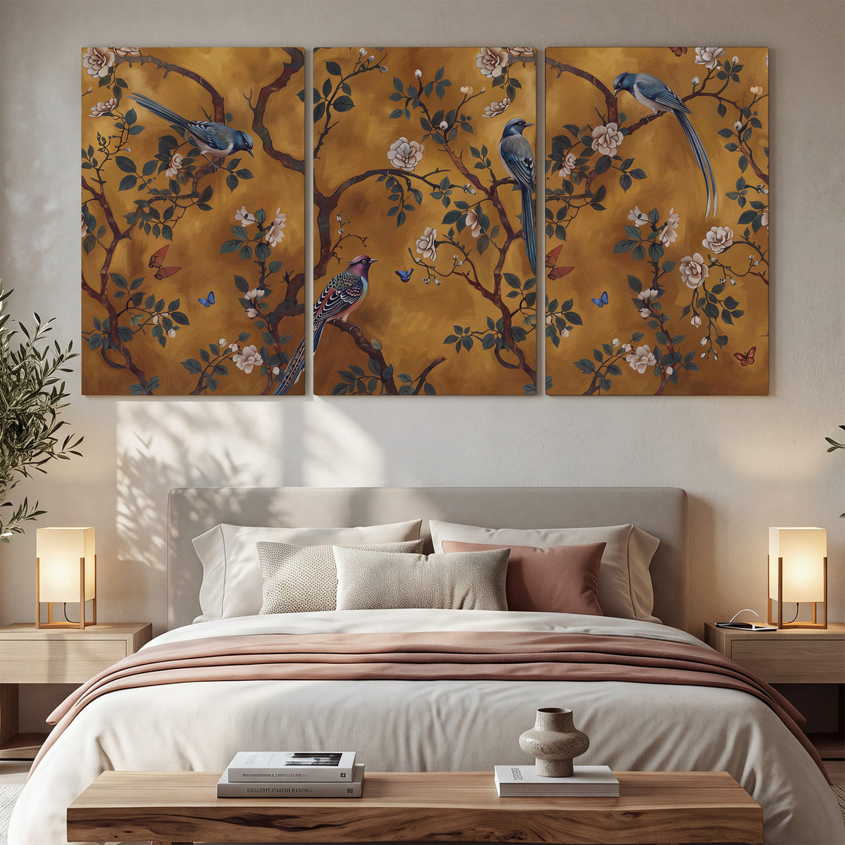 Colorful perched birds and pale blossoms on an ochre background 3 piece canvas wall art displayed in a bedroom