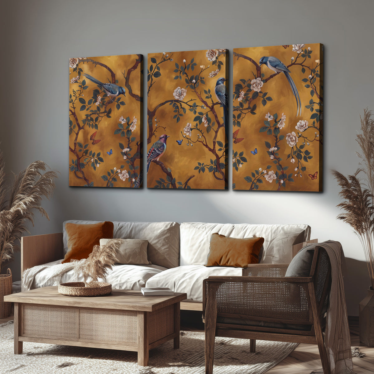 Colorful perched birds and pale blossoms on an ochre background 3 piece canvas wall art displayed in a rustic living room