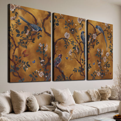 Colorful perched birds and pale blossoms on an ochre background 3 piece canvas wall art room and product view