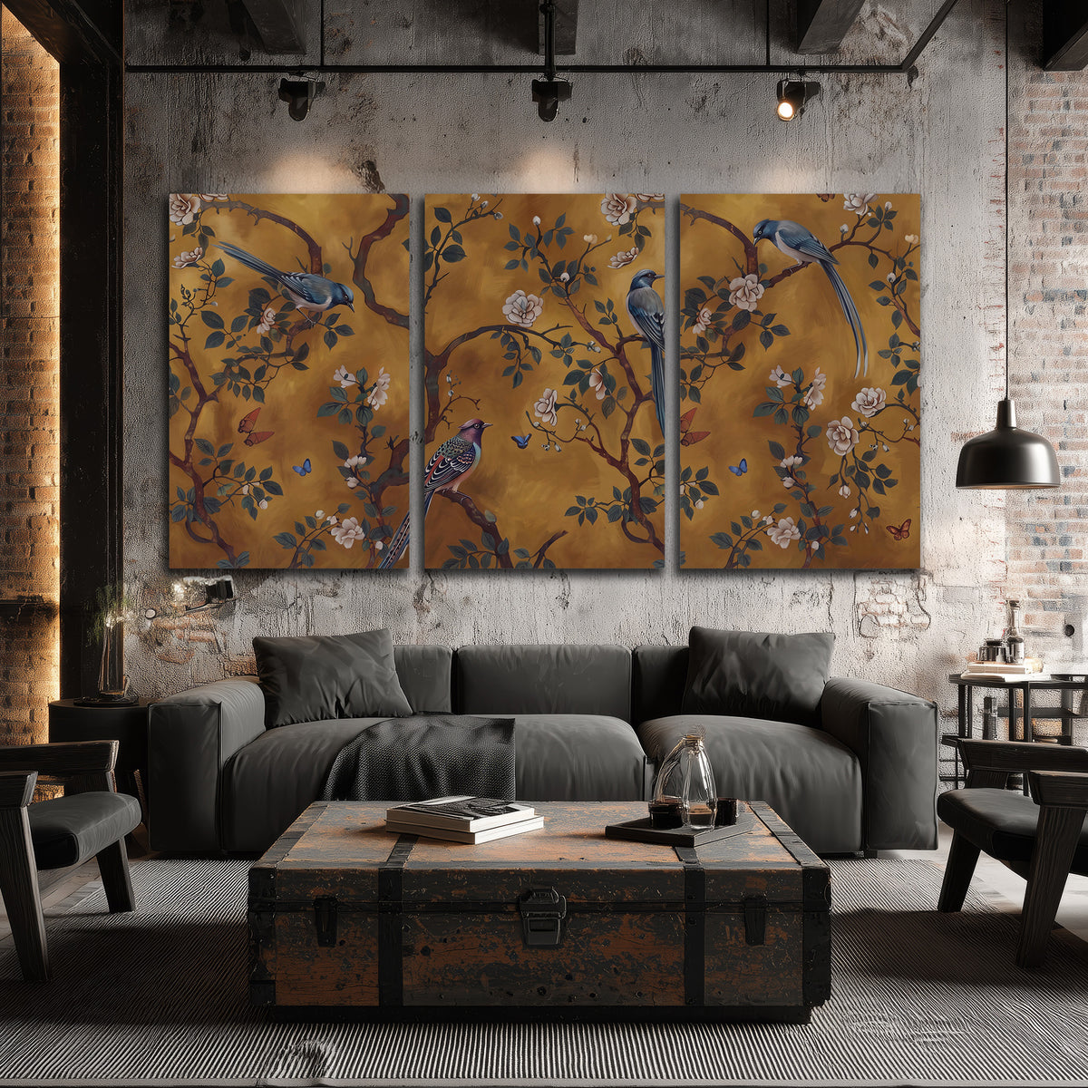 Colorful perched birds and pale blossoms on an ochre background 3 piece canvas wall art displayed in a industrial room