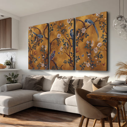 Colorful perched birds and pale blossoms on an ochre background 3 piece canvas wall art room and product view