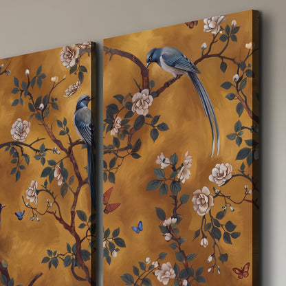 Colorful perched birds and pale blossoms on an ochre background 3 piece canvas wall art room and product view