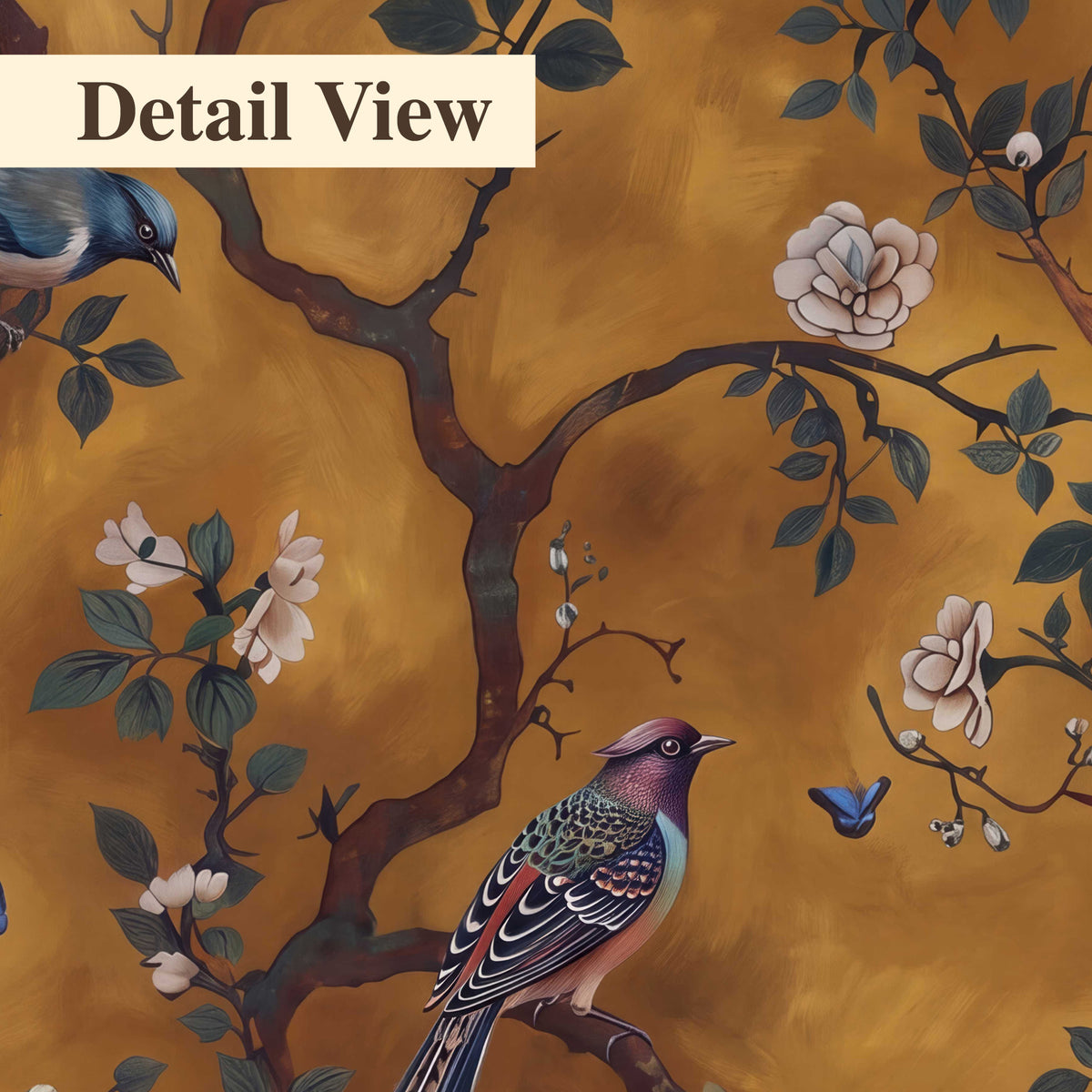 Colorful perched birds and pale blossoms on an ochre background 3 piece canvas wall art artwork detail close up