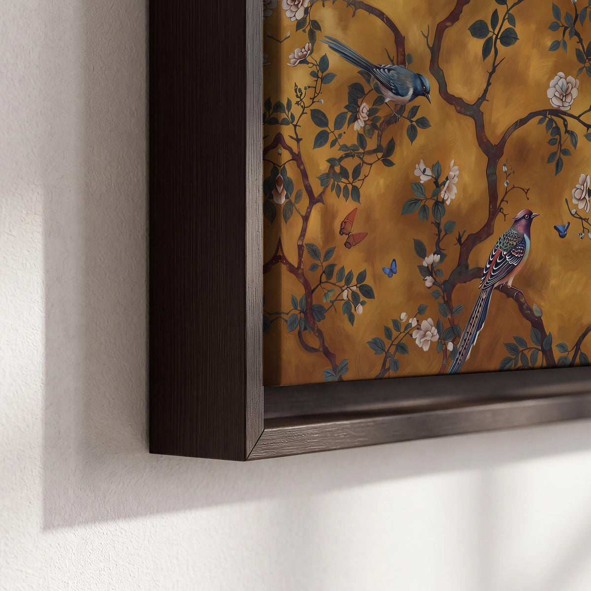 Colorful perched birds and pale blossoms on an ochre background 3 piece framed canvas wall art material and edge close up
