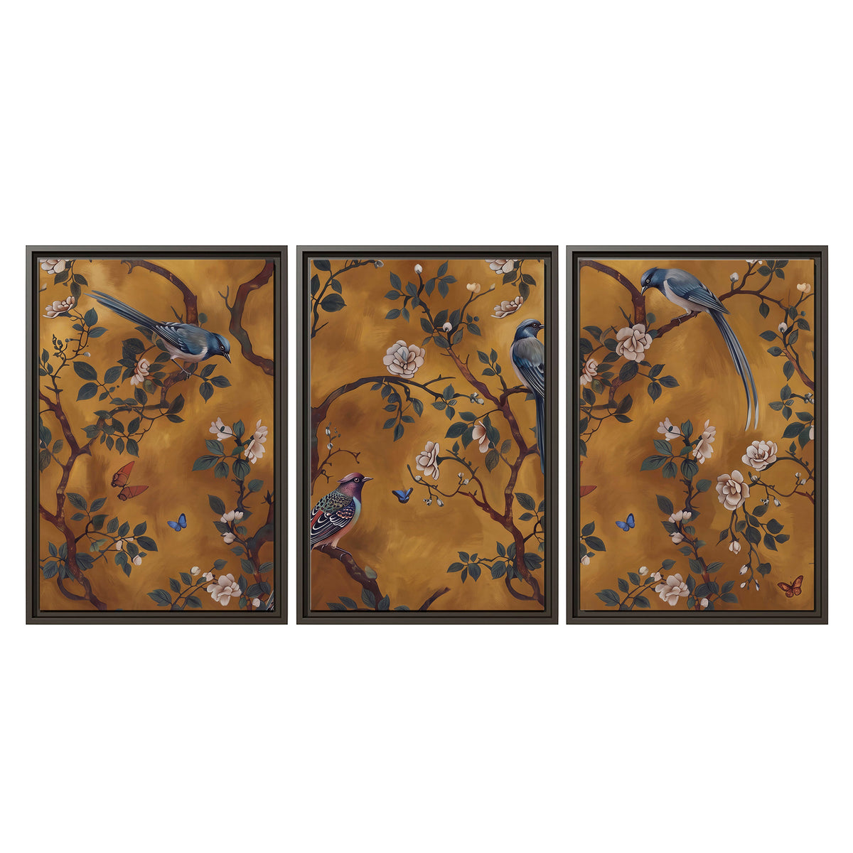 Colorful perched birds and pale blossoms on an ochre background 3 piece framed canvas wall art viewed straight on