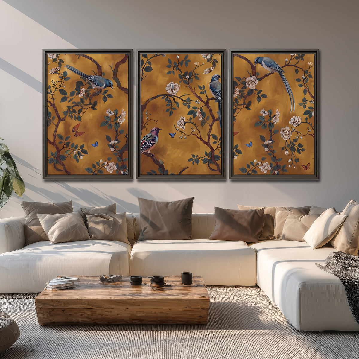 Colorful perched birds and pale blossoms on an ochre background 3 piece framed canvas wall art displayed in a living room