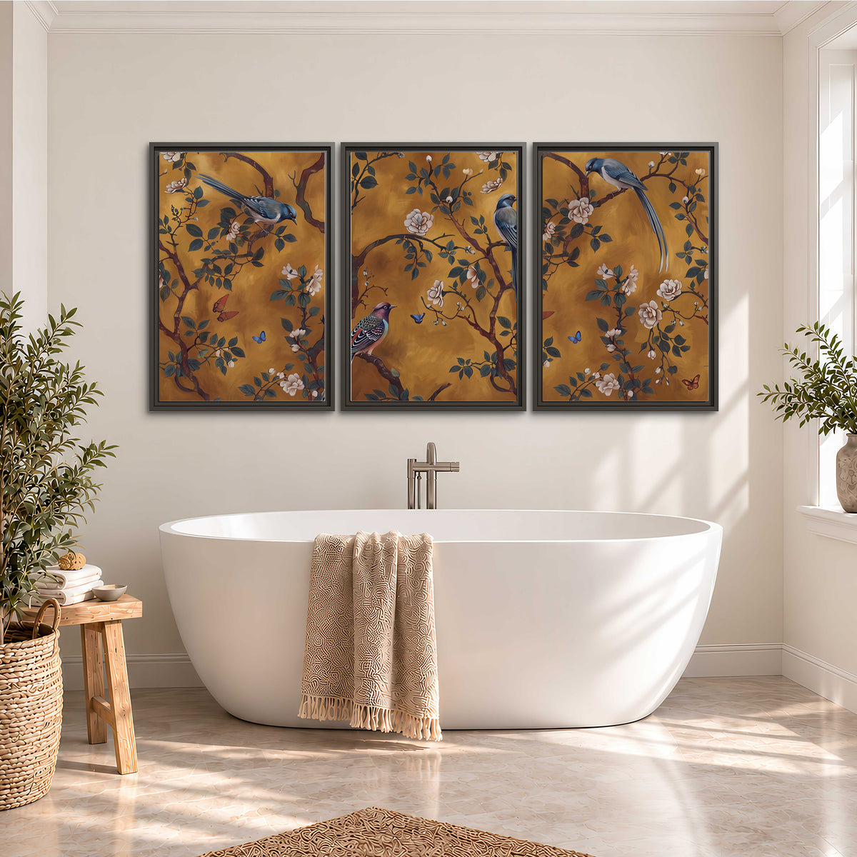 Colorful perched birds and pale blossoms on an ochre background 3 piece framed canvas wall art styled in an interior