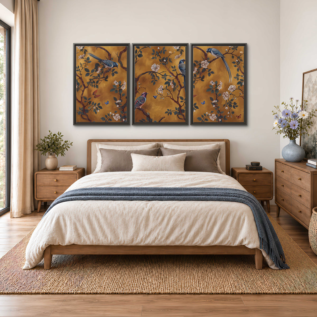 Colorful perched birds and pale blossoms on an ochre background 3 piece framed canvas wall art styled in an interior