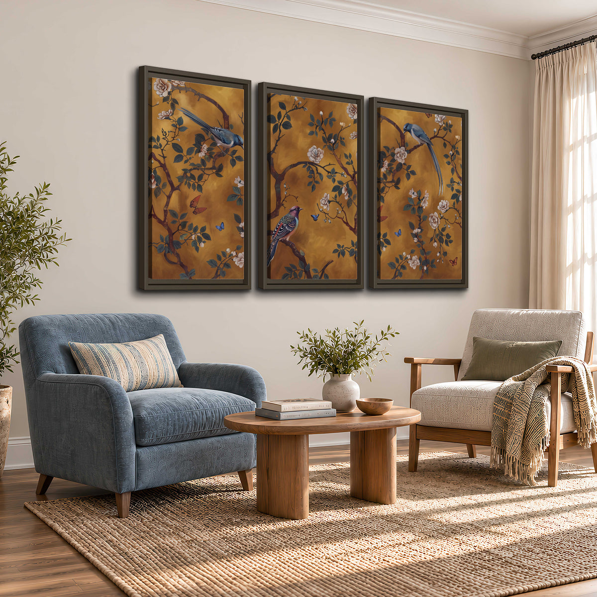 Colorful perched birds and pale blossoms on an ochre background 3 piece framed canvas wall art styled in an interior