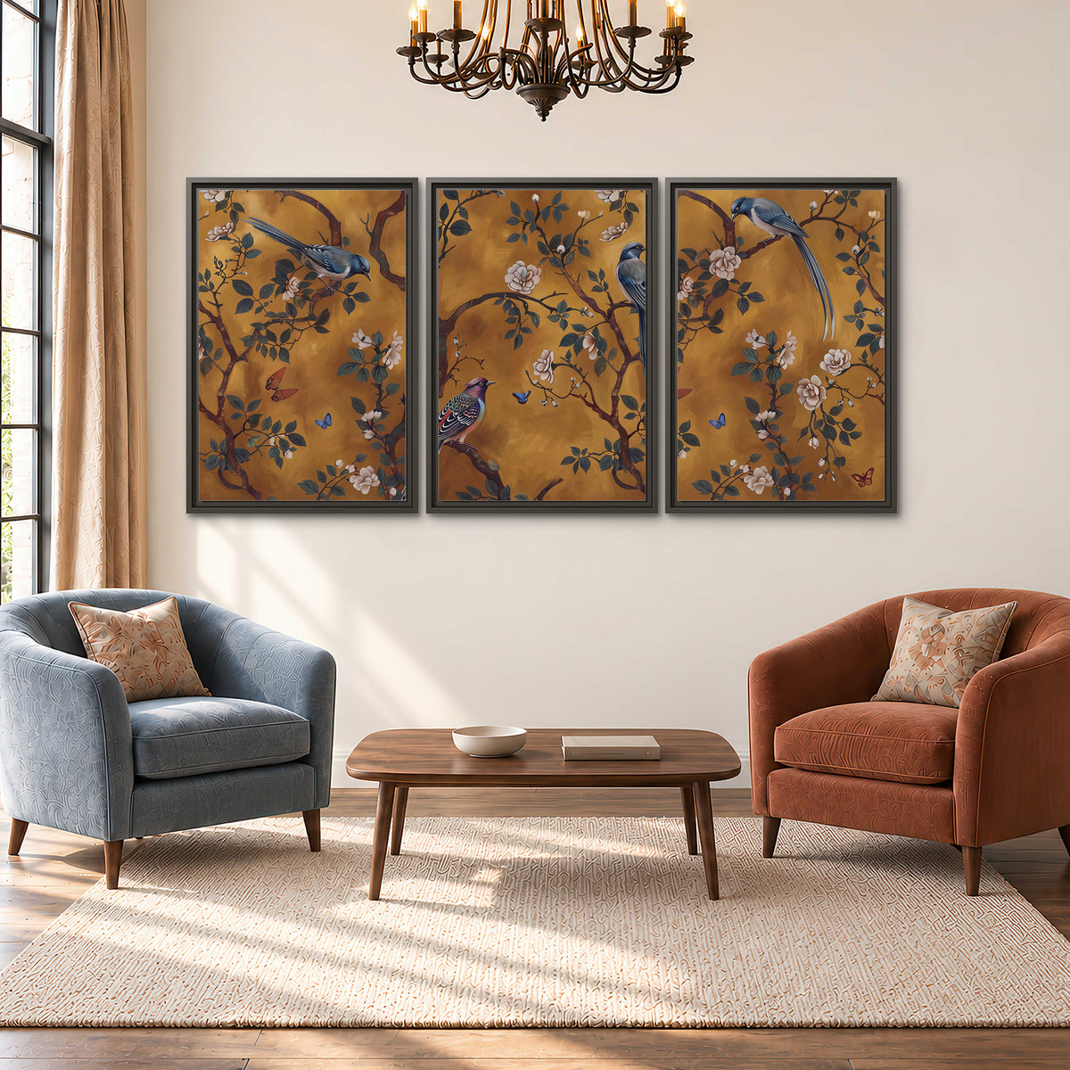 Colorful perched birds and pale blossoms on an ochre background 3 piece framed canvas wall art styled in an interior
