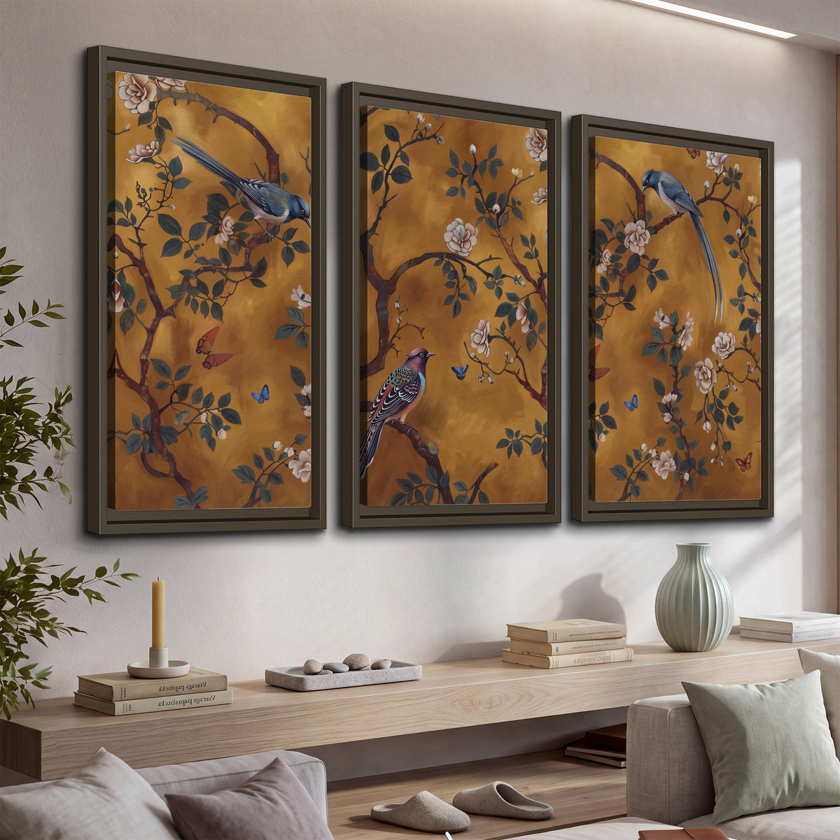 Colorful perched birds and pale blossoms on an ochre background 3 piece framed canvas wall art displayed in a console