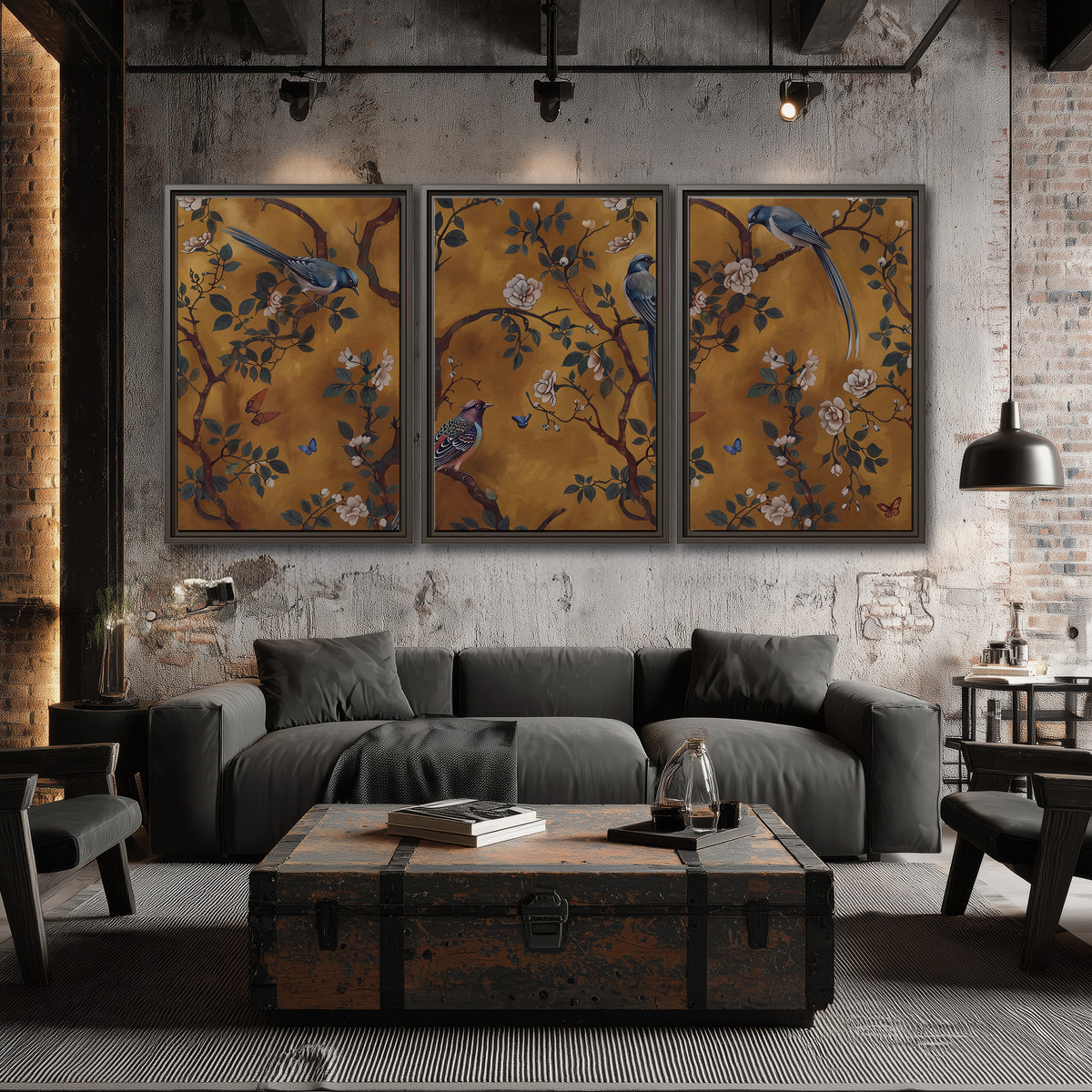 Colorful perched birds and pale blossoms on an ochre background 3 piece framed canvas wall art displayed in a industrial room