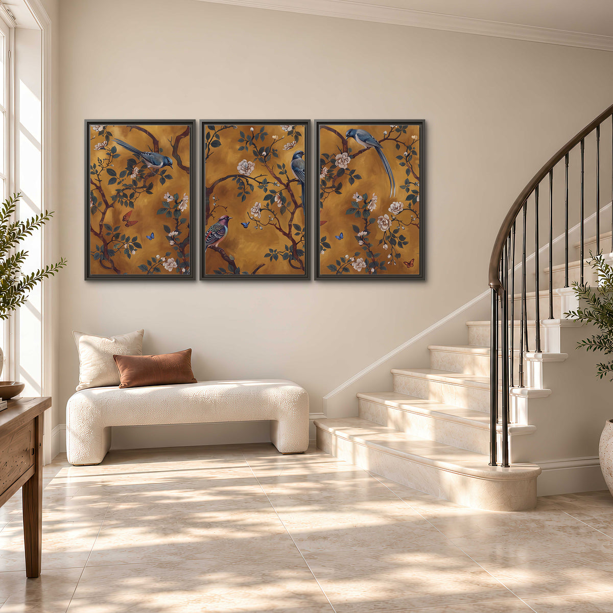 Colorful perched birds and pale blossoms on an ochre background 3 piece framed canvas wall art styled in an interior