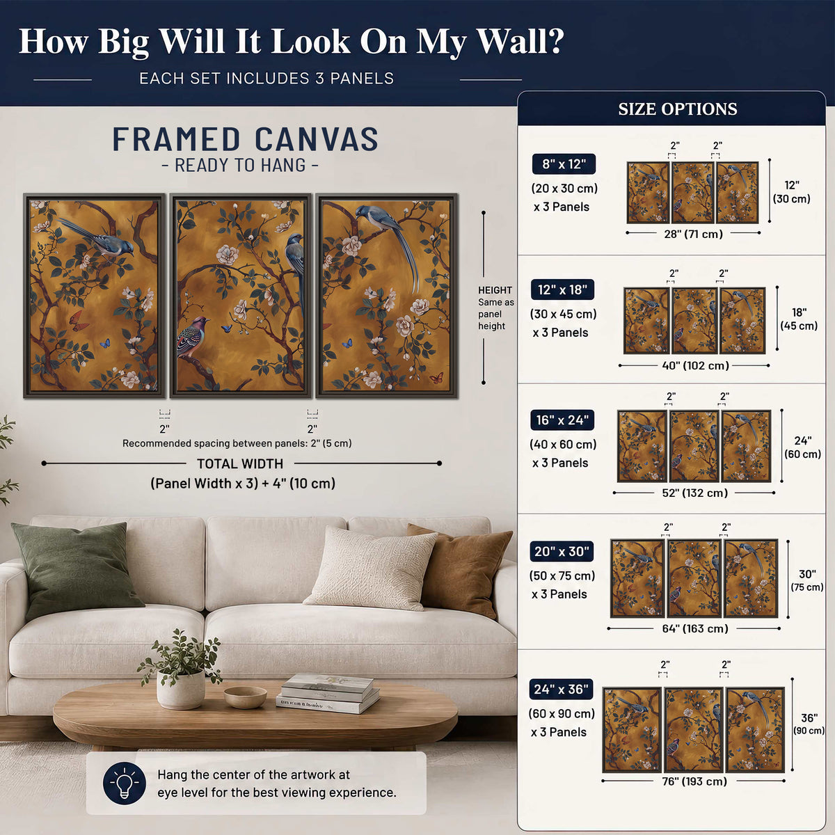 Colorful perched birds and pale blossoms on an ochre background 3 piece framed canvas wall art size guide above a sofa; room view is illustrative