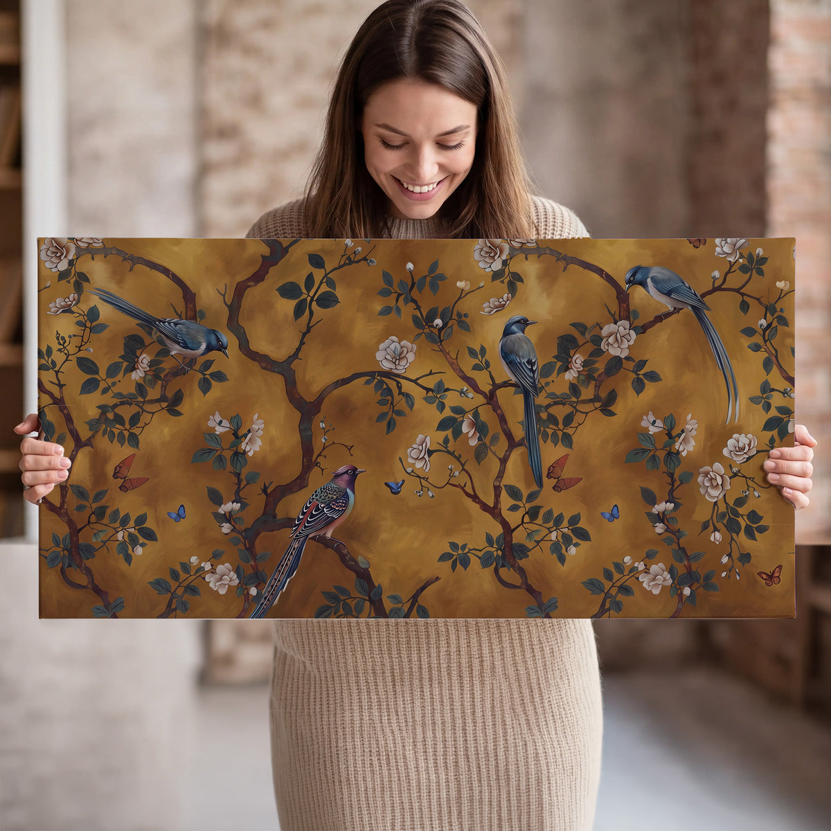 Colorful perched birds and pale blossoms on an ochre background single canvas wall art held in hands