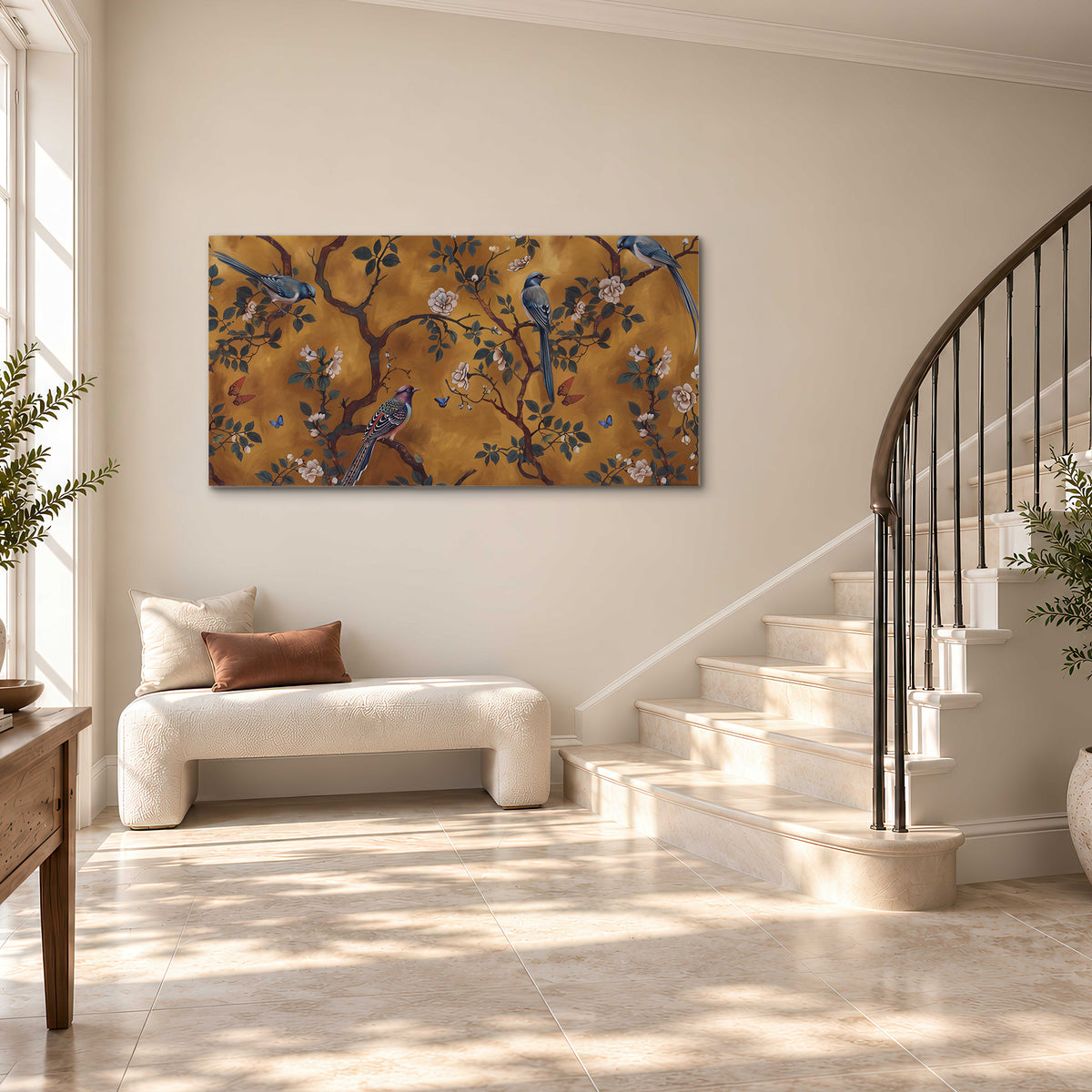 Colorful perched birds and pale blossoms on an ochre background single canvas wall art styled in an interior