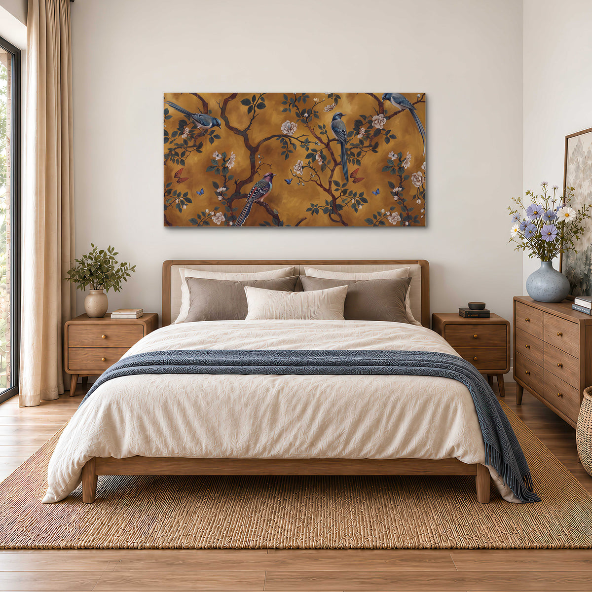 Colorful perched birds and pale blossoms on an ochre background single canvas wall art styled in an interior