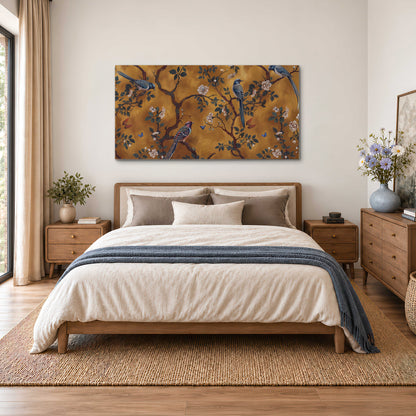 Colorful perched birds and pale blossoms on an ochre background single canvas wall art styled in an interior