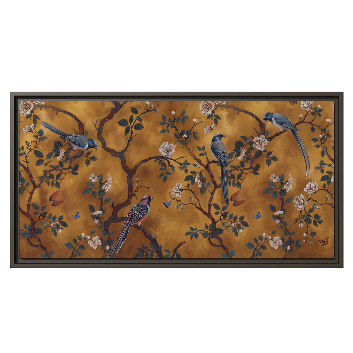 Colorful perched birds and pale blossoms on an ochre background single framed canvas wall art viewed straight on