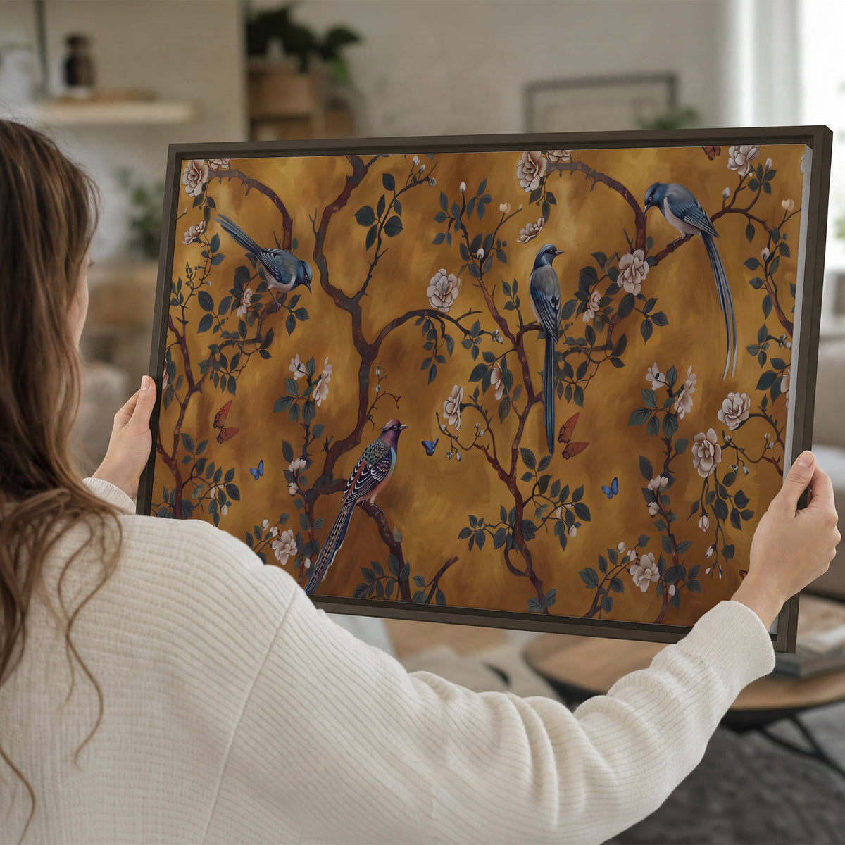 Colorful perched birds and pale blossoms on an ochre background single framed canvas wall art held in hands