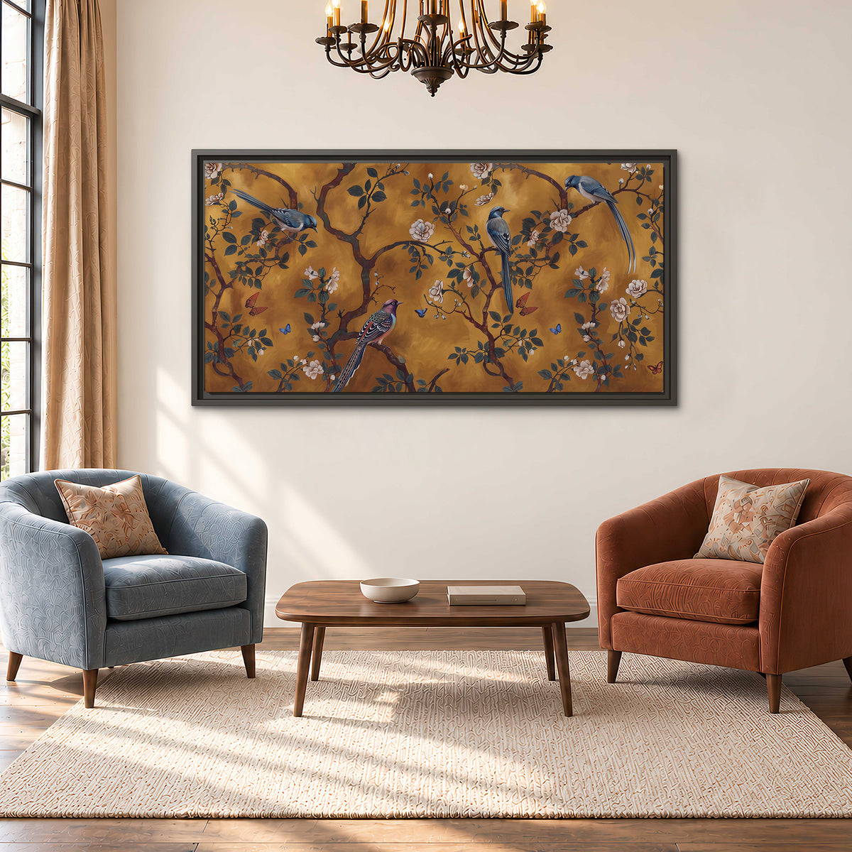 Colorful perched birds and pale blossoms on an ochre background single framed canvas wall art styled in an interior