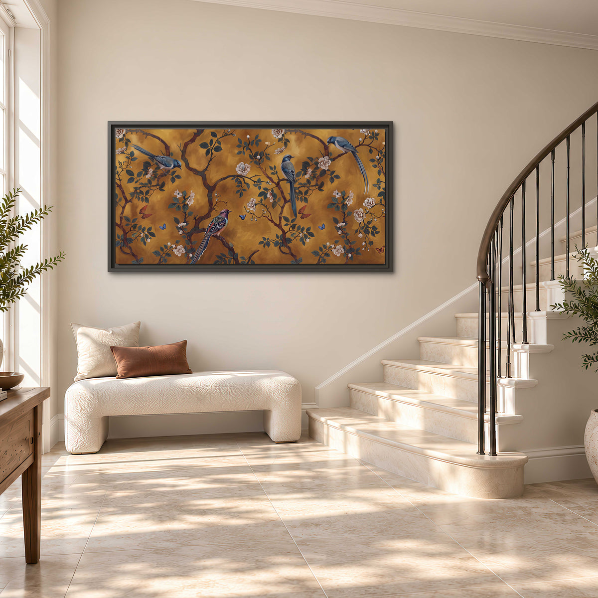 Colorful perched birds and pale blossoms on an ochre background single framed canvas wall art styled in an interior