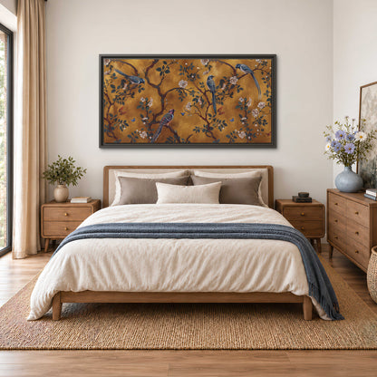 Colorful perched birds and pale blossoms on an ochre background single framed canvas wall art styled in an interior