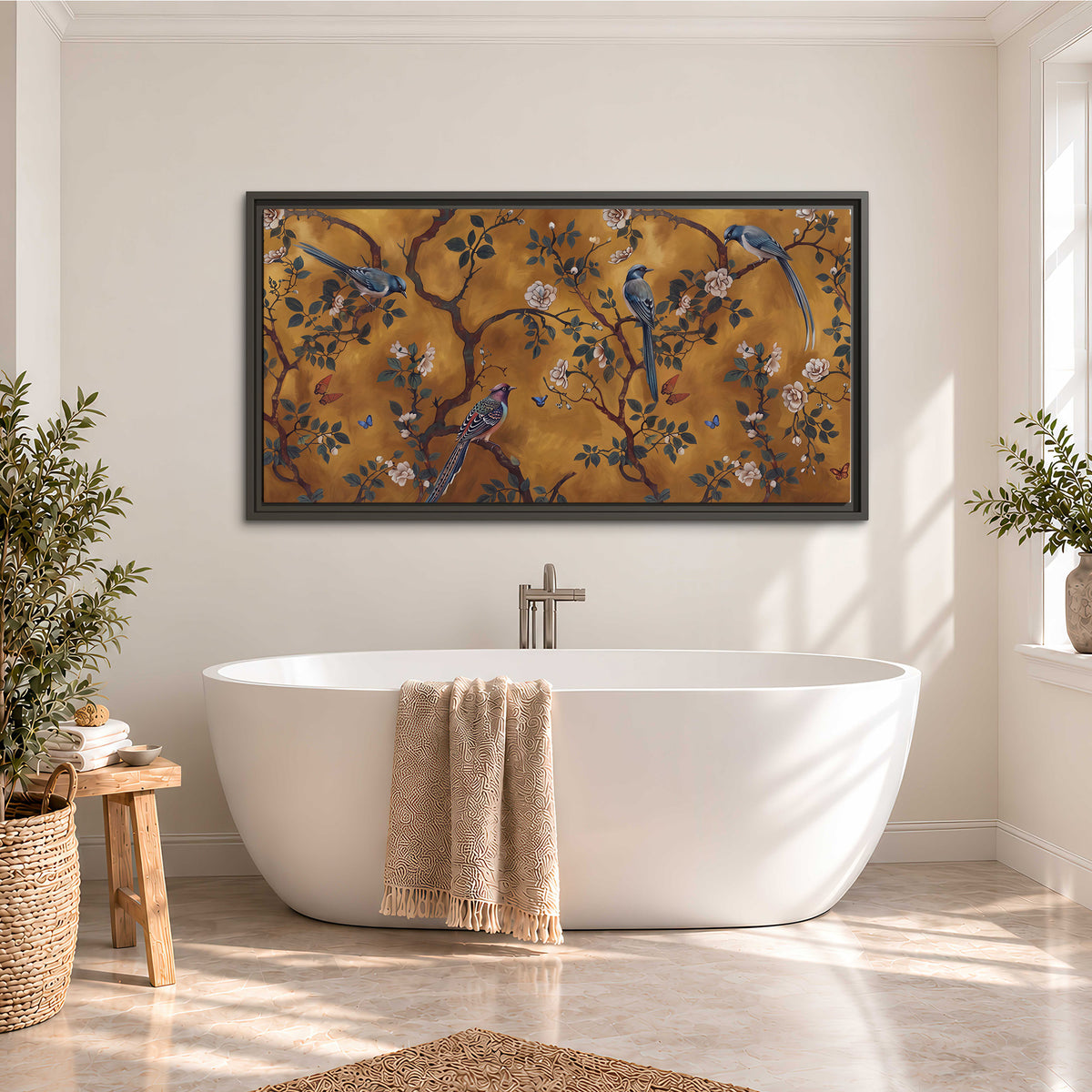 Colorful perched birds and pale blossoms on an ochre background single framed canvas wall art styled in an interior