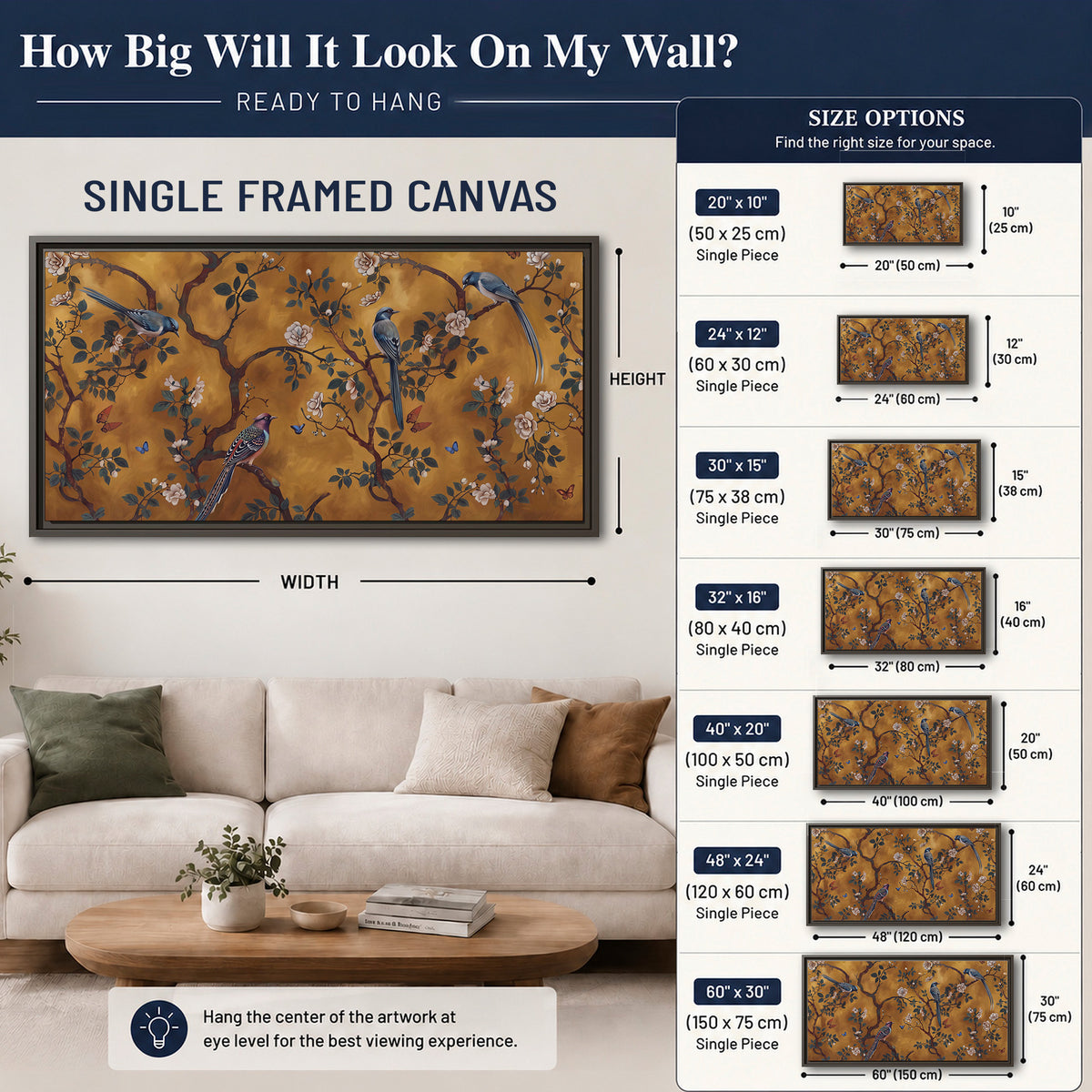 Colorful perched birds and pale blossoms on an ochre background single framed canvas wall art size guide above a sofa; room view is illustrative