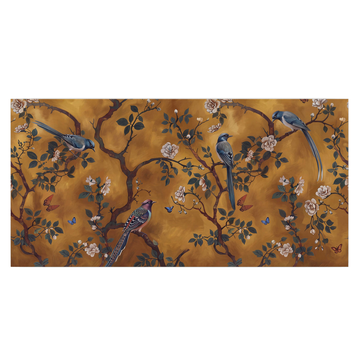 Colorful perched birds and pale blossoms on an ochre background single poster print viewed straight on
