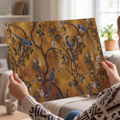 Colorful perched birds and pale blossoms on an ochre background single poster print held in hands