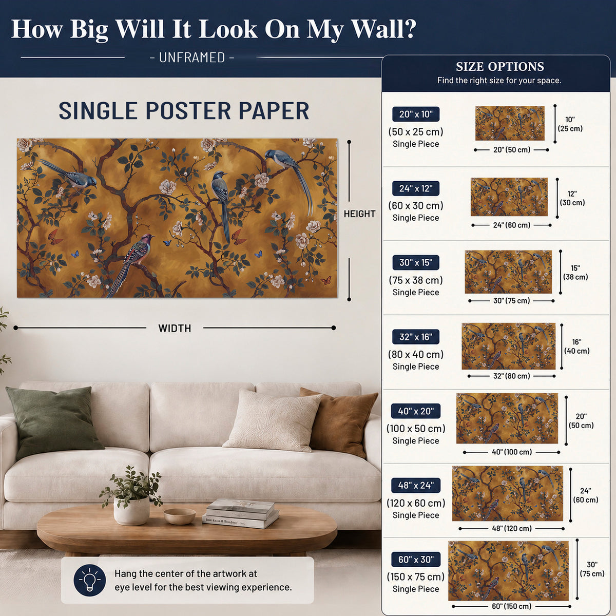 Colorful perched birds and pale blossoms on an ochre background single poster print size guide above a sofa; room view is illustrative