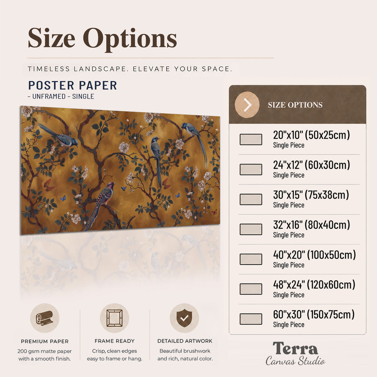 Colorful perched birds and pale blossoms on an ochre background single poster print available dimensions