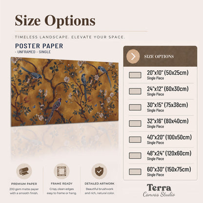 Colorful perched birds and pale blossoms on an ochre background single poster print available dimensions