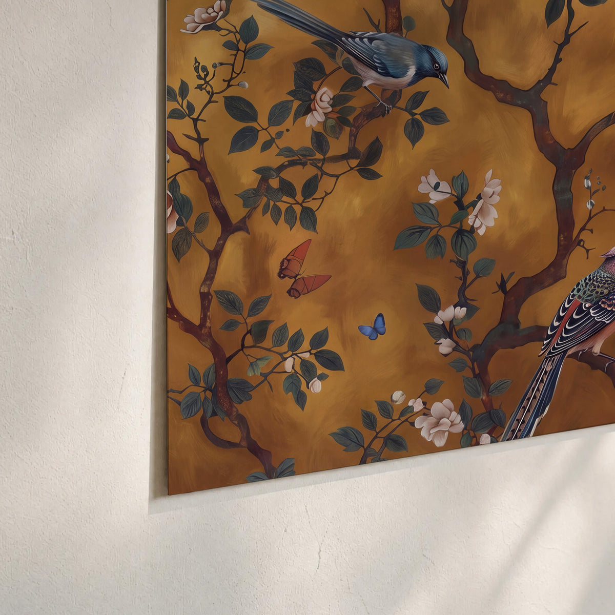 Colorful perched birds and pale blossoms on an ochre background set of 3 poster prints material and edge close up