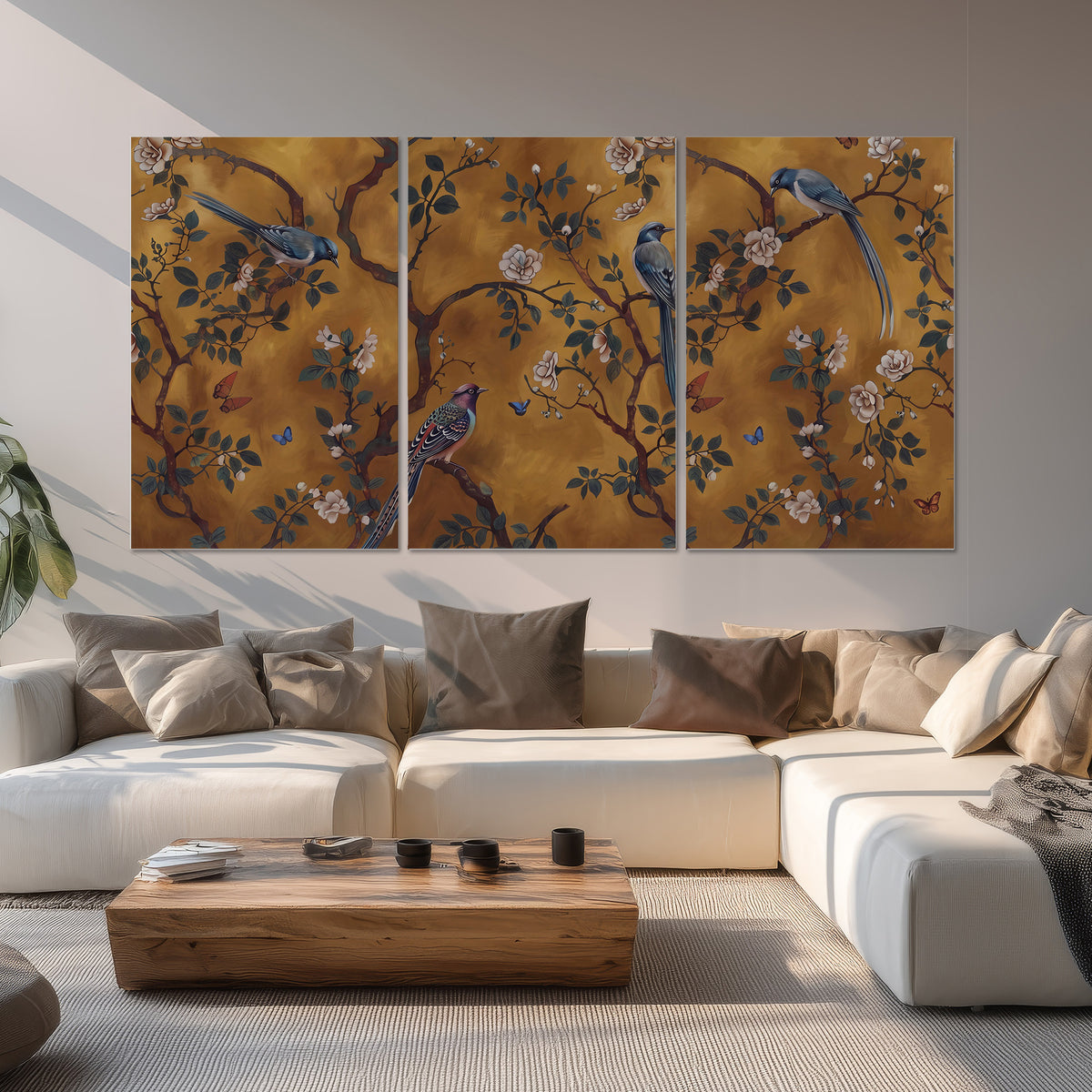 Colorful perched birds and pale blossoms on an ochre background set of 3 poster prints displayed in a living room